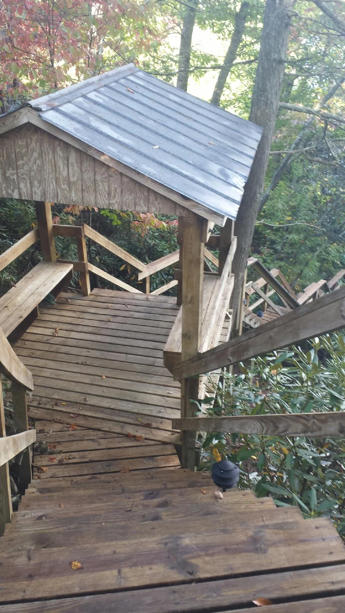 Metal roofed shelter over wooden steps on a wooded walkway — Skylight Repair & Installation work by our crew in Morganza